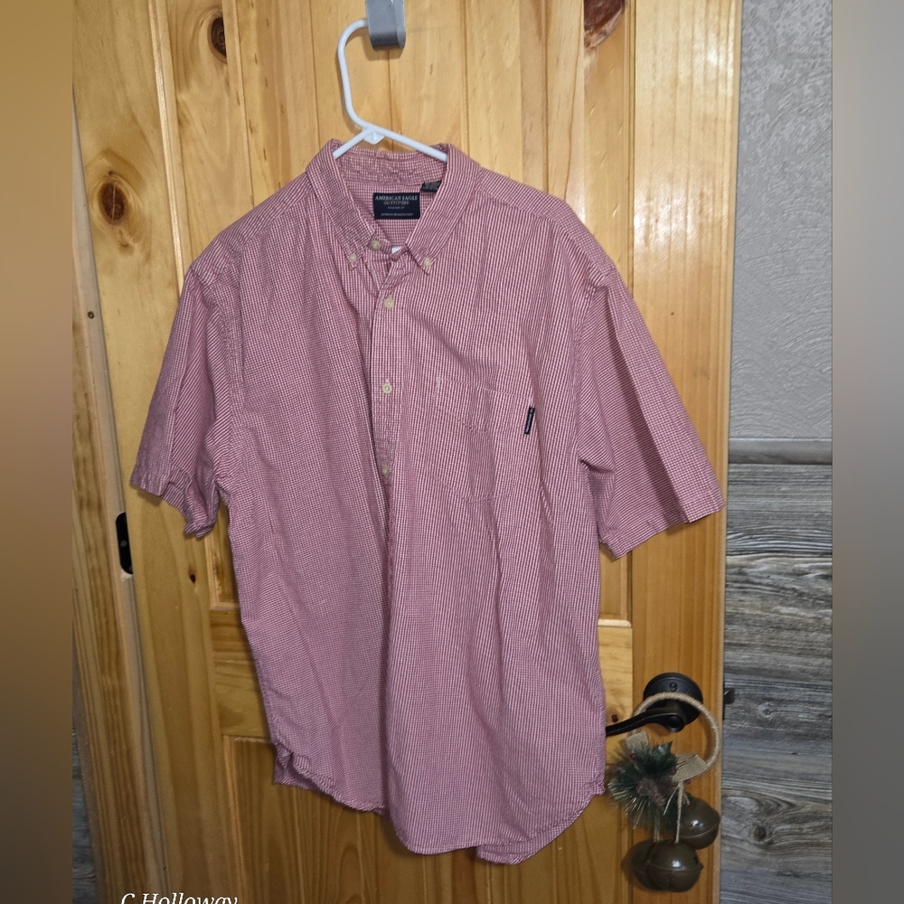 American Eagle Outfitters Mens Check Button-Up Shirt Short Sleeve Size XL Red